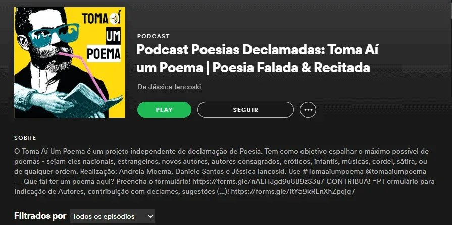 Podcast no Spotify, atualmente com 1000 ouvintes semanais